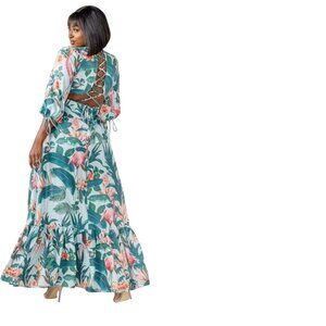 J. Brooks Boutique  Ronna Tropical Floral Maxi Dress Lace-Up Back 1XL